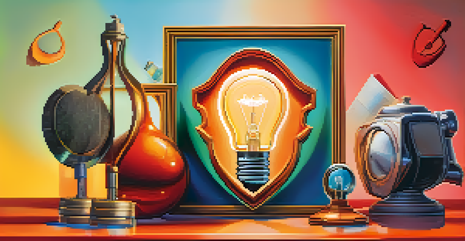 An artistic representation of different types of intellectual property with symbolic icons against a vibrant background.