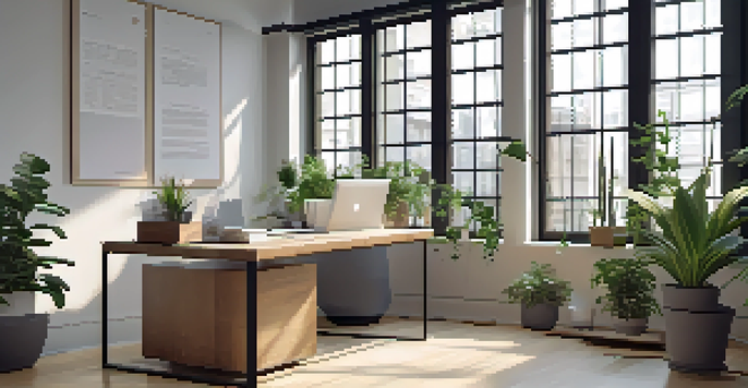 A contemporary office workspace with a desk, laptop, notepad, and a potted plant, illuminated by natural light from large windows.