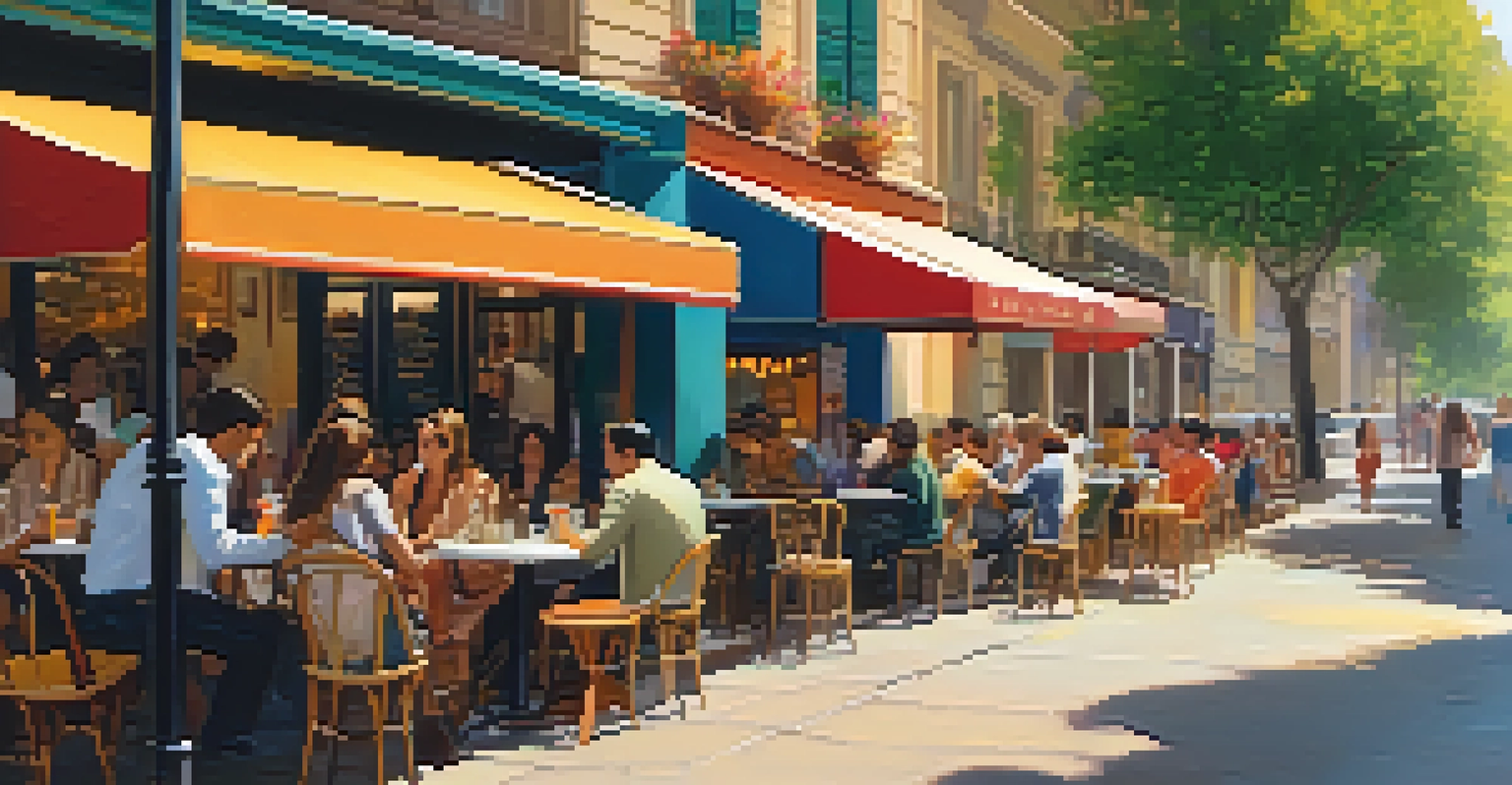 A lively outdoor cafe with people dining, colorful umbrellas, and blooming flowers creating a cheerful environment.