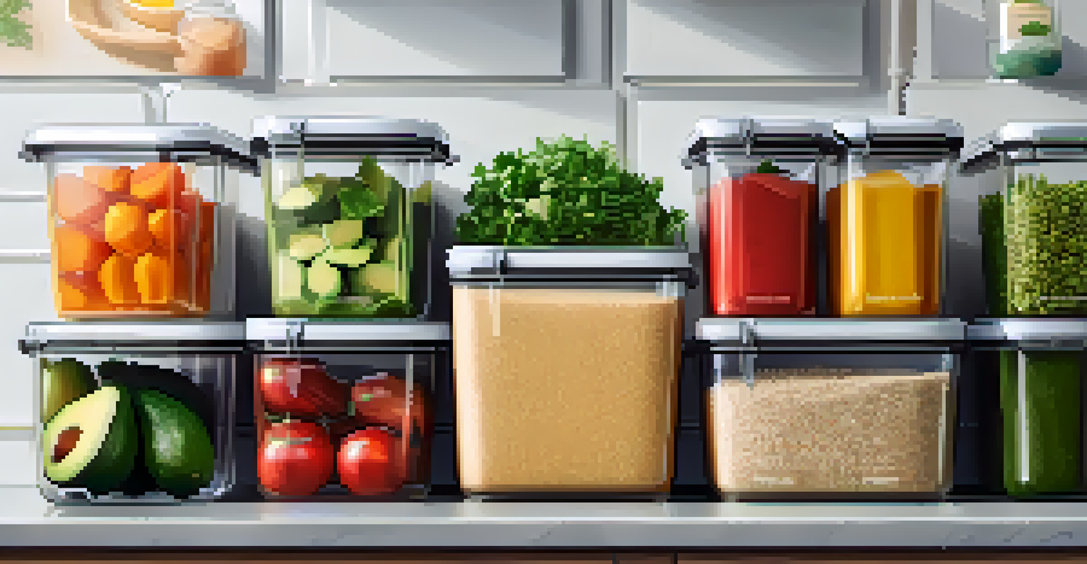 A close-up view of a vibrant meal prep station with fresh ingredients and organized containers for healthy meal preparation.