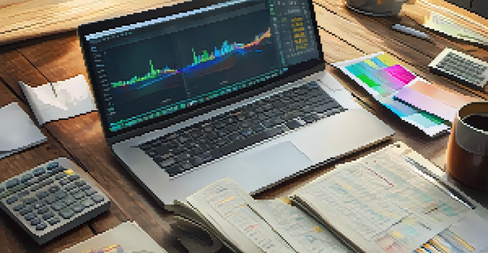 A financial analyst's workspace with a laptop showing graphs, notes, and a calculator, with a cup of coffee nearby.
