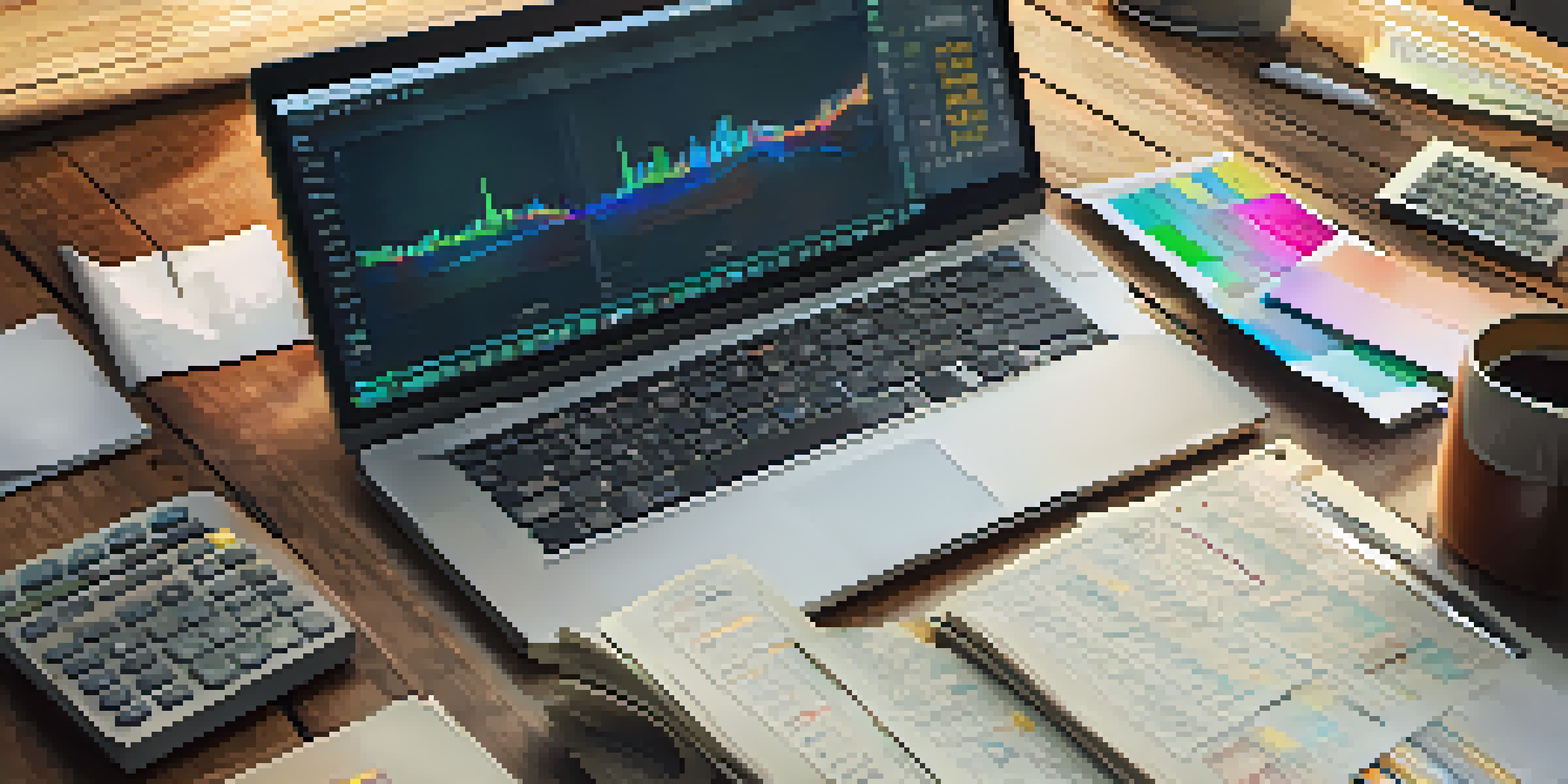 A financial analyst's workspace with a laptop showing graphs, notes, and a calculator, with a cup of coffee nearby.