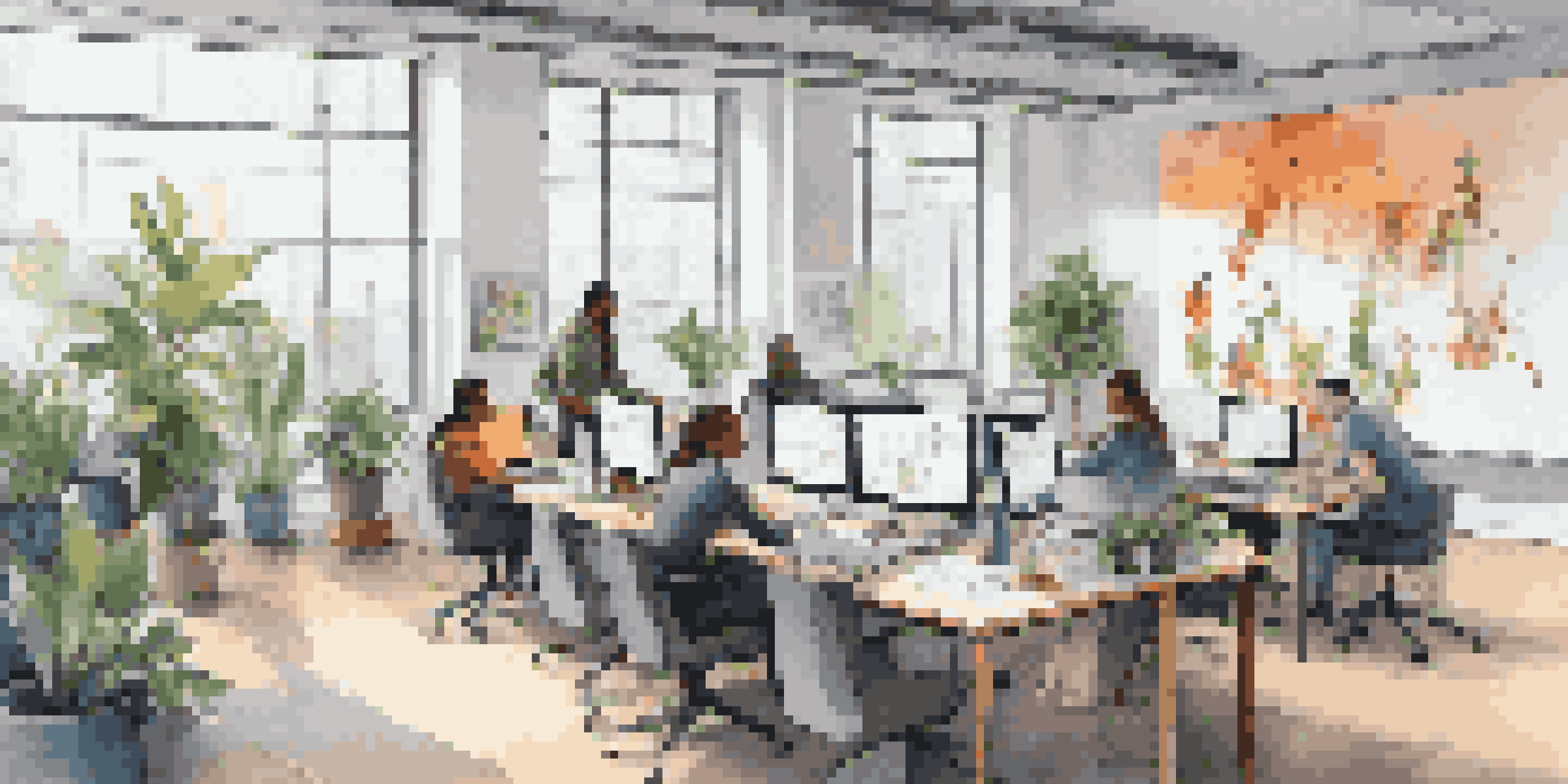 A diverse group of professionals collaborating in a modern office space, surrounded by plants and natural light.