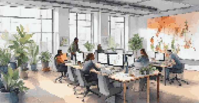 A diverse group of professionals collaborating in a modern office space, surrounded by plants and natural light.