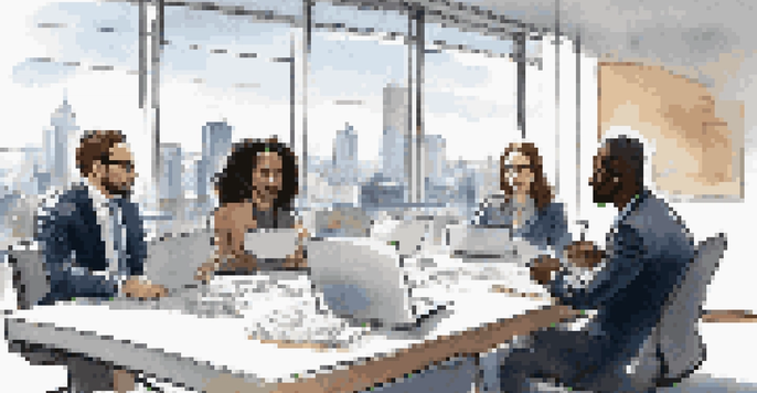 A diverse group of five professionals engaged in a collaborative team negotiation in a bright conference room, showing expressions of concentration.