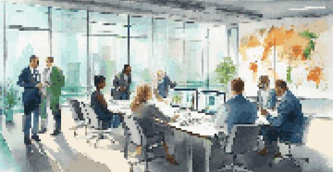 A diverse group of business leaders in a well-lit office discussing ethical leadership and digital transformation.