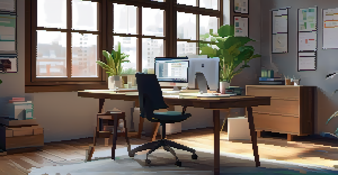 A modern office desk with a laptop displaying colorful charts, surrounded by organized stationery and a potted plant, illuminated by soft morning light.