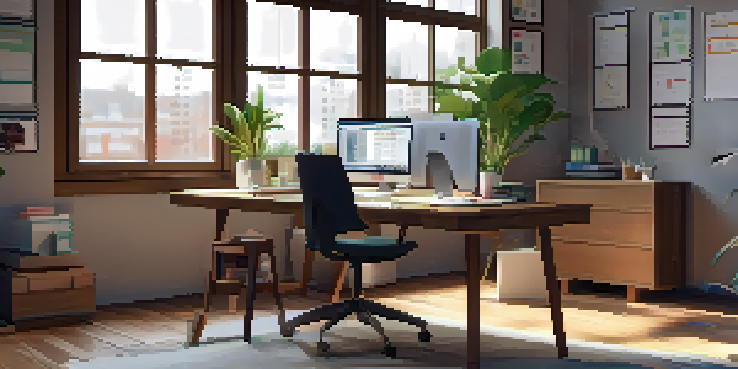 A modern office desk with a laptop displaying colorful charts, surrounded by organized stationery and a potted plant, illuminated by soft morning light.