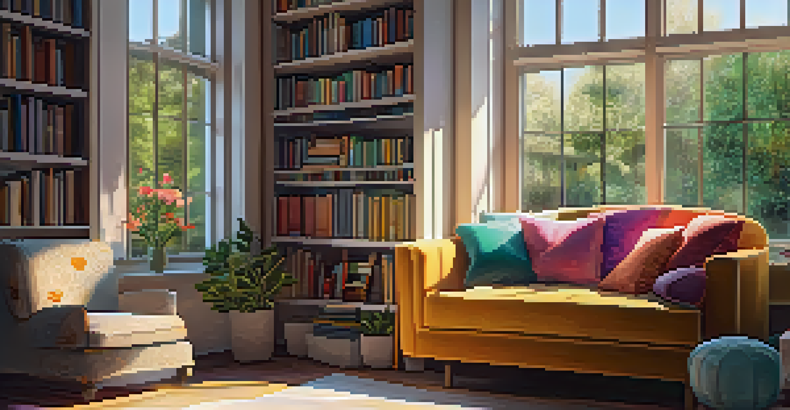 A cozy reading nook with a plush armchair by a sunny window, surrounded by books and a view of a garden.