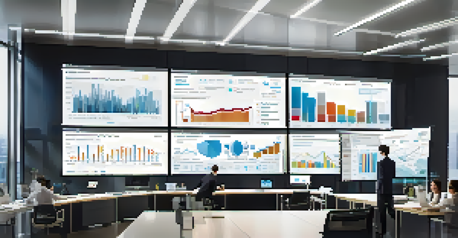 A modern office setting with professionals analyzing supply chain analytics displayed on a large digital screen.