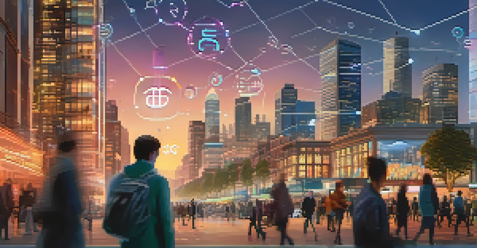 A cityscape at dusk with glowing 5G symbols and people using devices, illustrating urban connectivity.