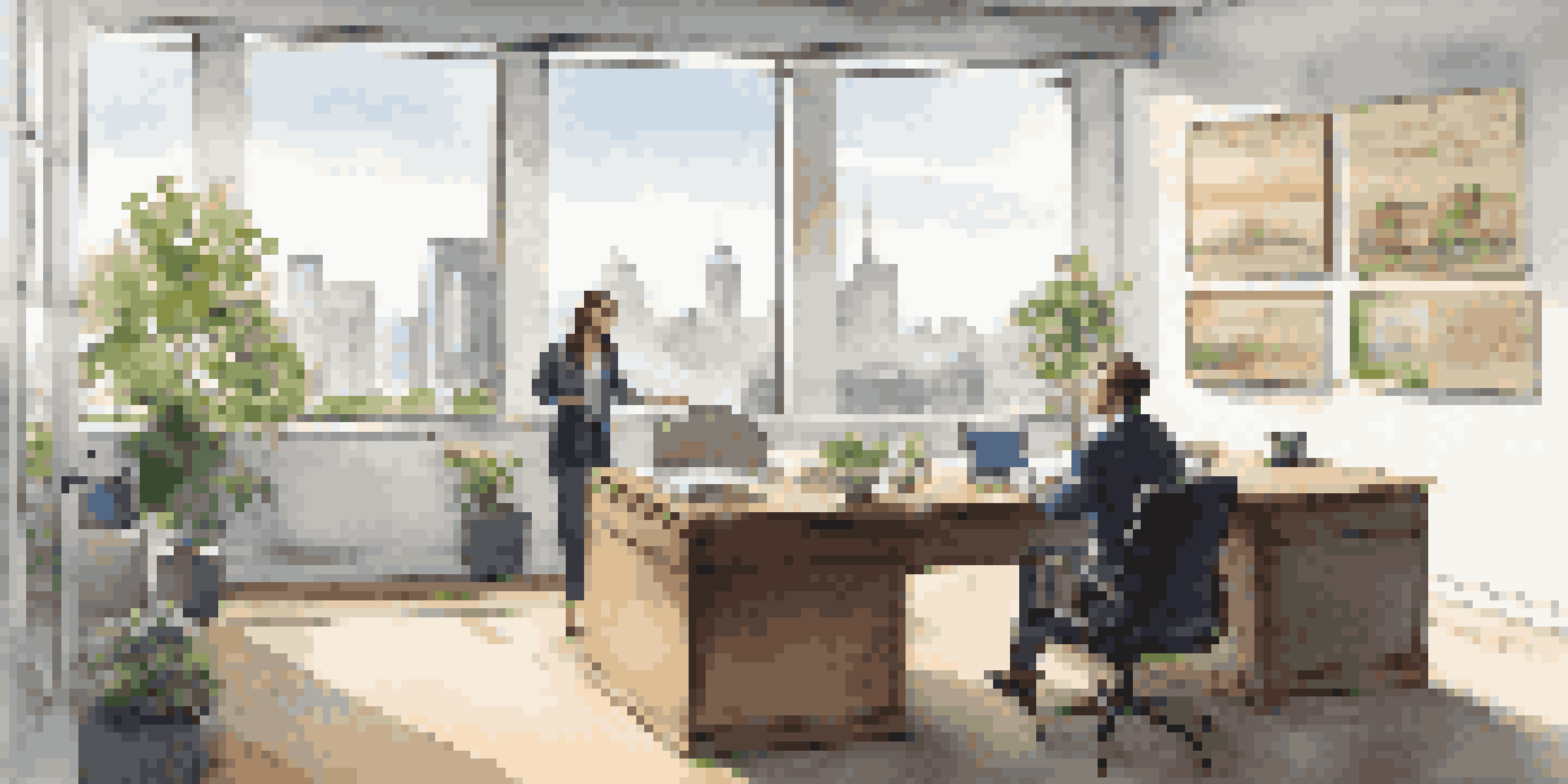 An office setting where a business owner is consulting with a valuation expert, surrounded by financial documents and a view of the city.