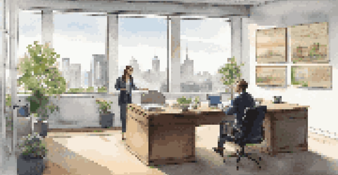An office setting where a business owner is consulting with a valuation expert, surrounded by financial documents and a view of the city.