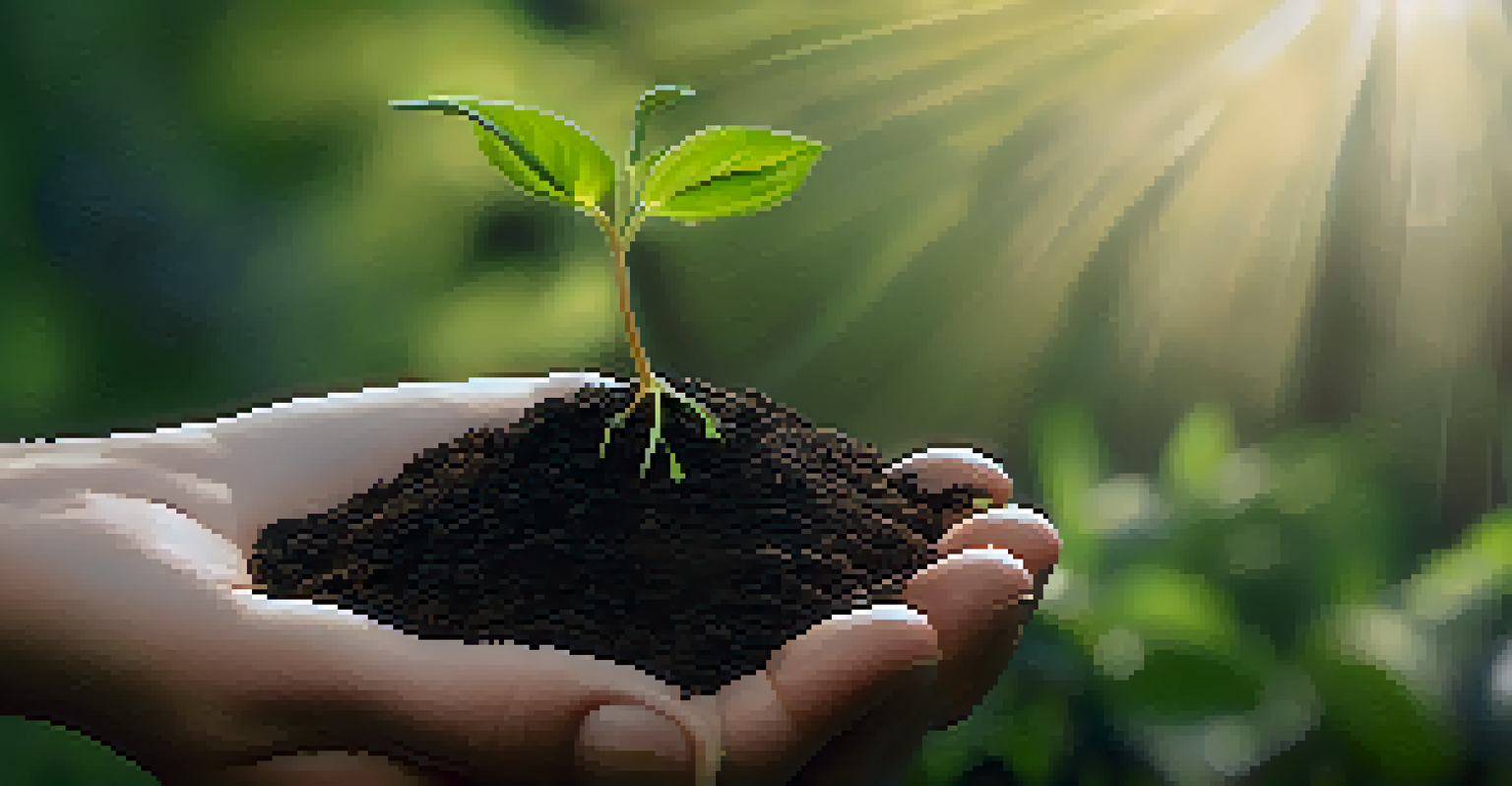 Close-up of hands holding a sprouting plant in soil, with a blurred natural background, symbolizing growth and environmental investment.