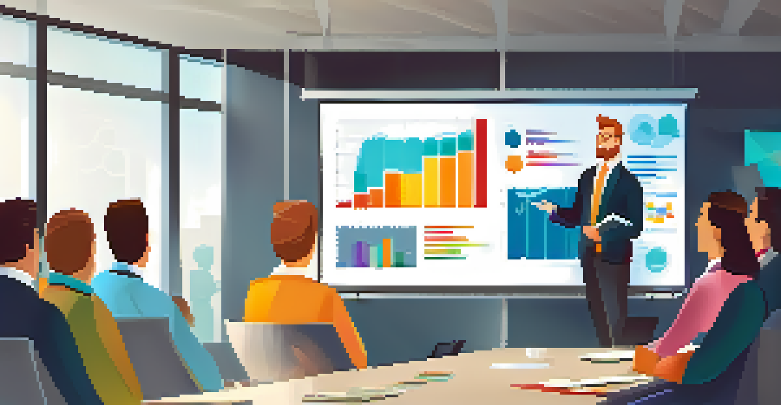 An entrepreneur presenting a business plan to investors in a conference room with a colorful presentation on a large screen.