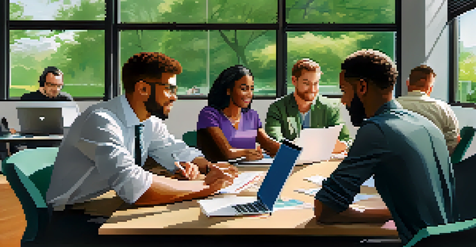 A diverse team brainstorming in a bright office with large windows overlooking a park.