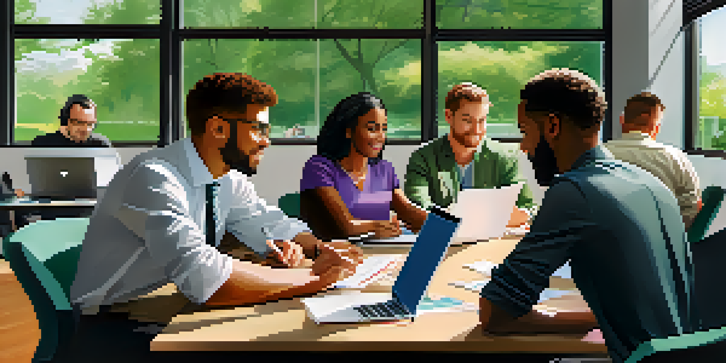 A diverse team brainstorming in a bright office with large windows overlooking a park.