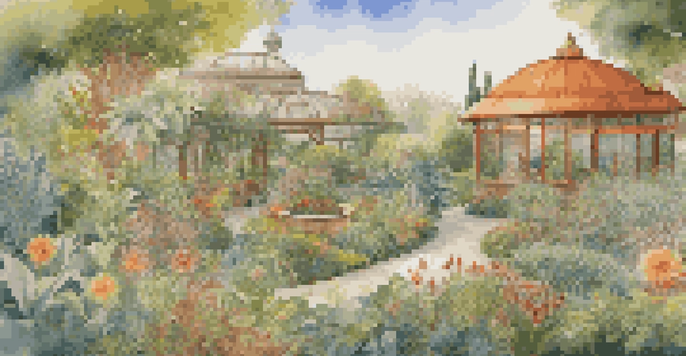 A colorful garden representing a business ecosystem, with various plants symbolizing different organizations, illuminated by warm sunlight.