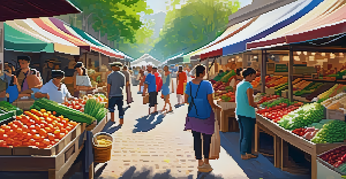 A vibrant marketplace with stalls displaying organic fruits, vegetables, and handmade crafts, surrounded by greenery and sunlight.