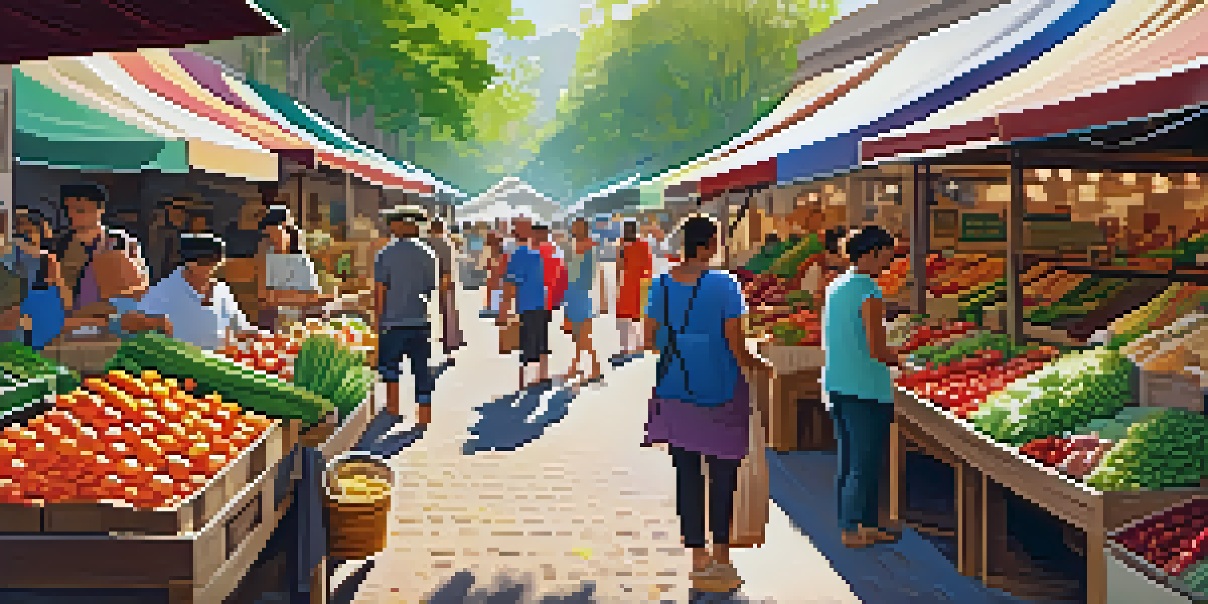 A vibrant marketplace with stalls displaying organic fruits, vegetables, and handmade crafts, surrounded by greenery and sunlight.