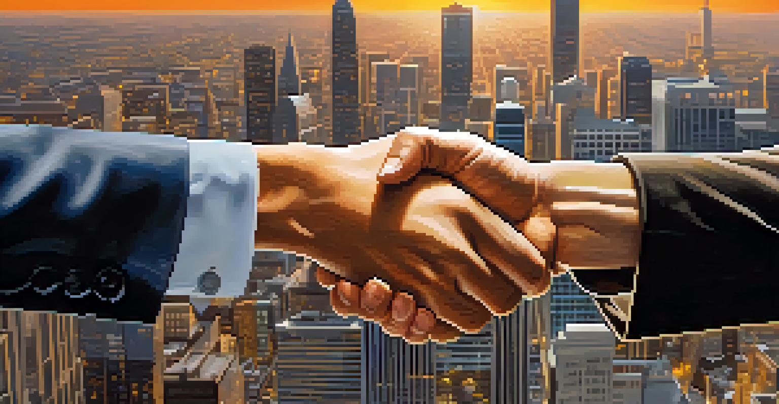 A close-up of two hands shaking against a city skyline, symbolizing trust and partnership in business.