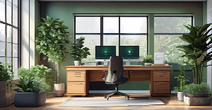 A contemporary office workspace with a desk, computer showing analytics, plants, and bright natural light.
