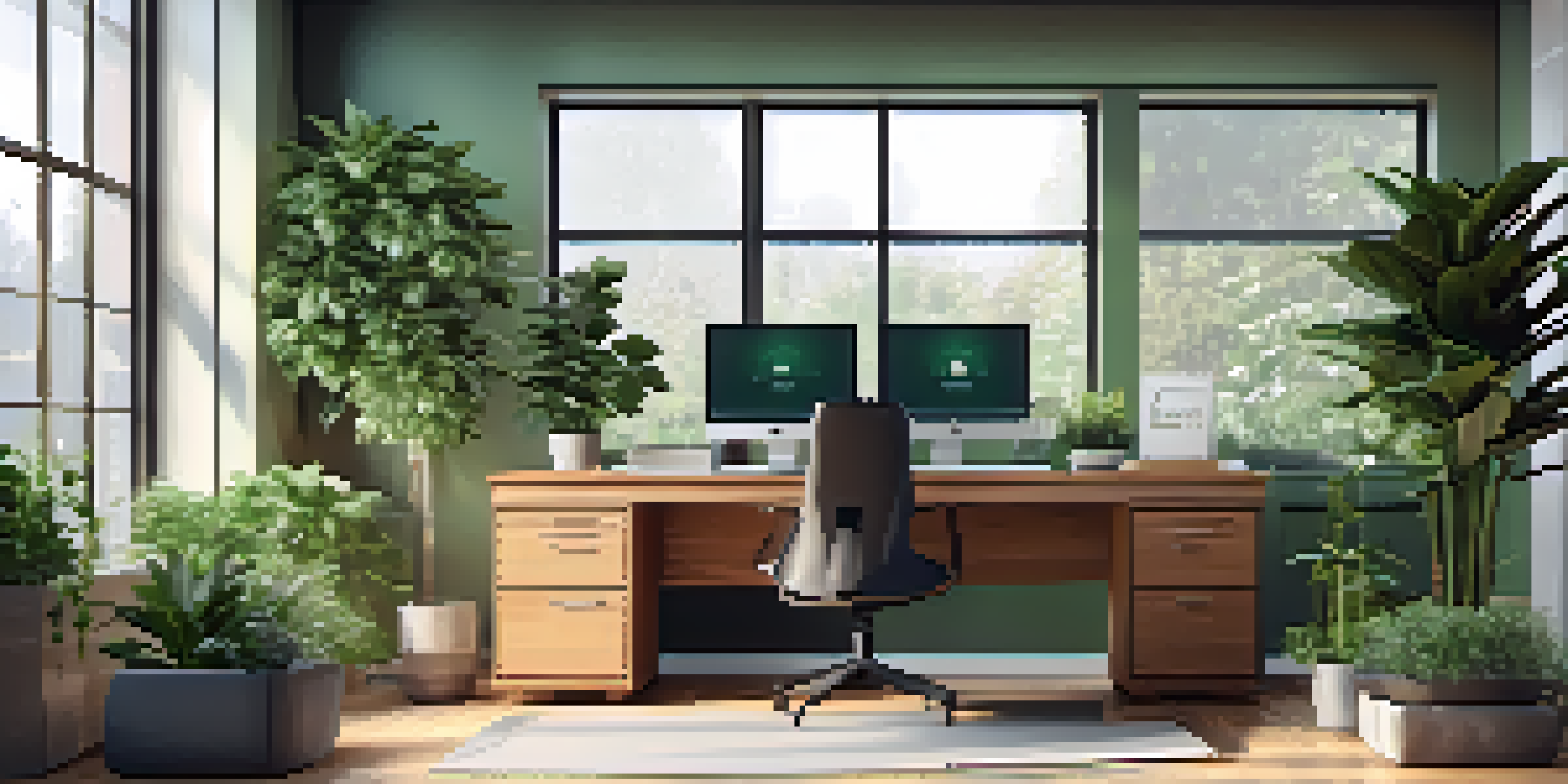 A contemporary office workspace with a desk, computer showing analytics, plants, and bright natural light.