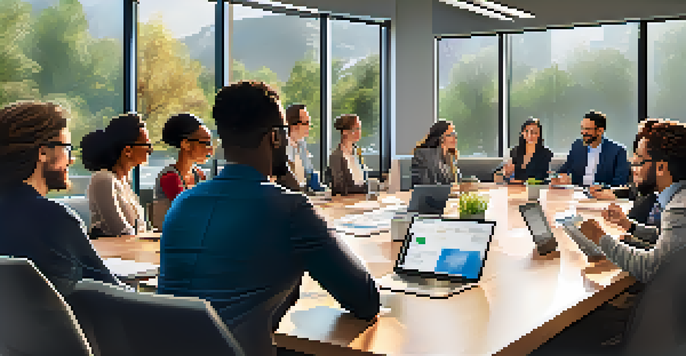 A diverse group of professionals in a bright conference room, actively discussing and collaborating around a table.