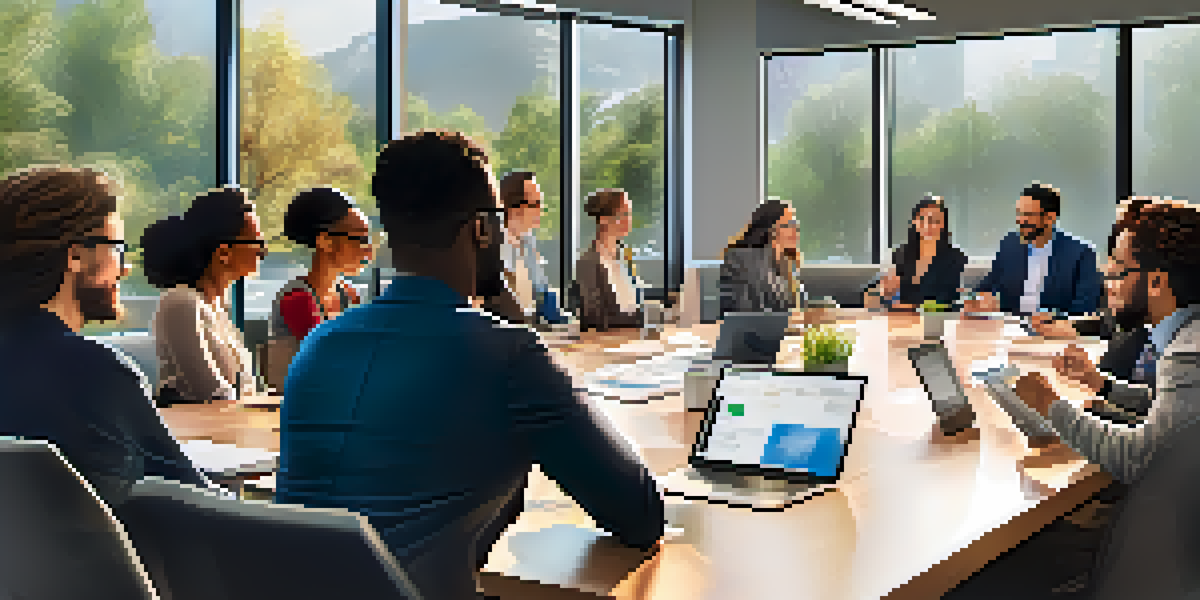 A diverse group of professionals in a bright conference room, actively discussing and collaborating around a table.