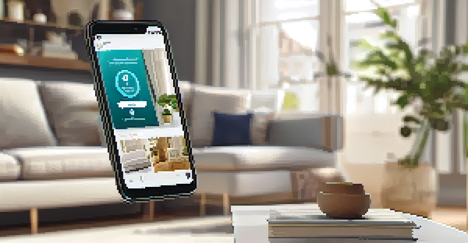 A smartphone screen showing a shopping app with augmented reality, visualizing furniture in a cozy living room setting.