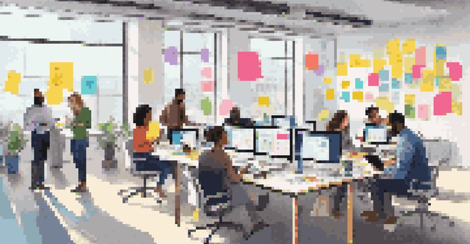 A group of diverse employees collaborating in a bright office, surrounded by colorful sticky notes and digital devices.