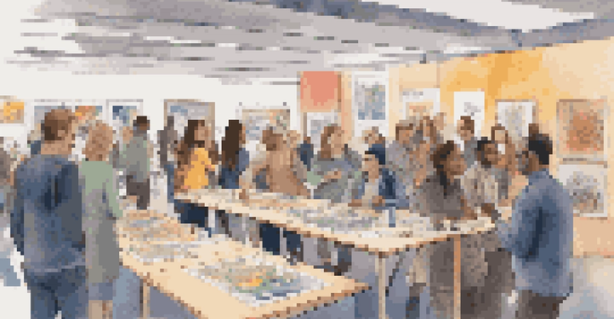 A vibrant crowdfunding event with diverse attendees discussing creative projects, surrounded by colorful displays and warm lighting.