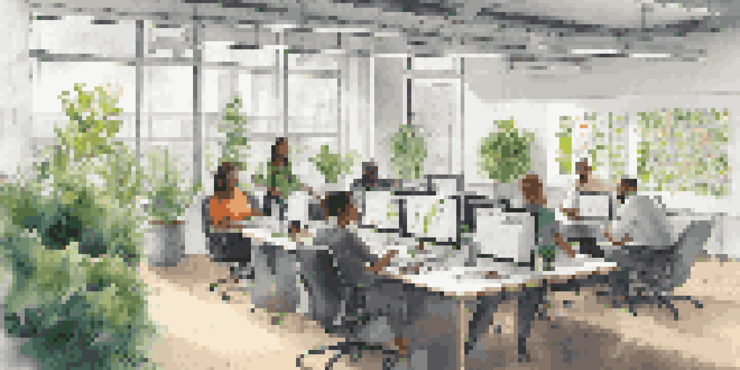 A diverse group of people collaborating in a modern office filled with natural light and plants, working on a brainstorming session around a large table.