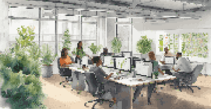 A diverse group of people collaborating in a modern office filled with natural light and plants, working on a brainstorming session around a large table.