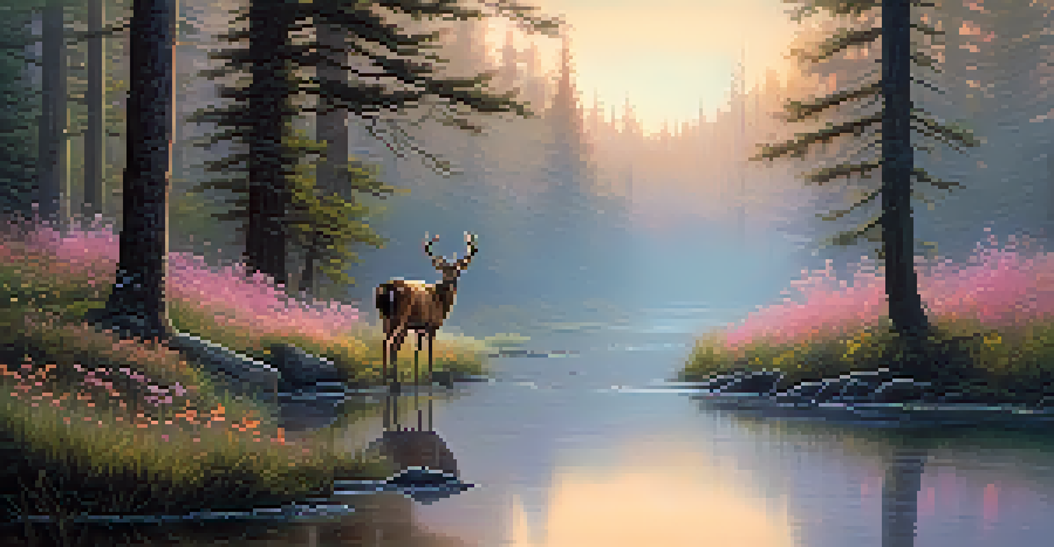 A tranquil misty forest at dawn with sunlight filtering through trees, a river winding through, and a deer drinking from it.