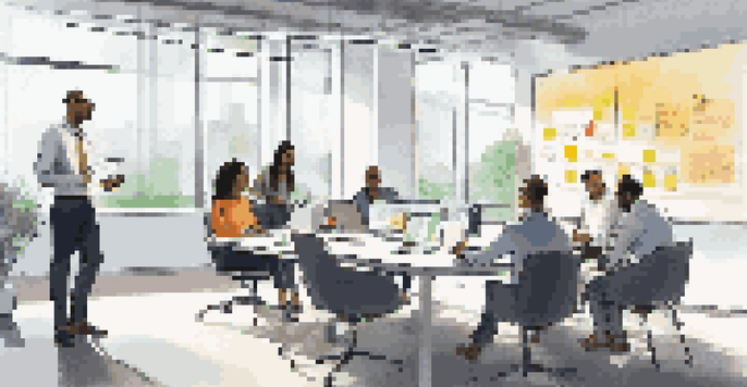 A diverse group of employees collaborating in a bright conference room with laptops and sticky notes.