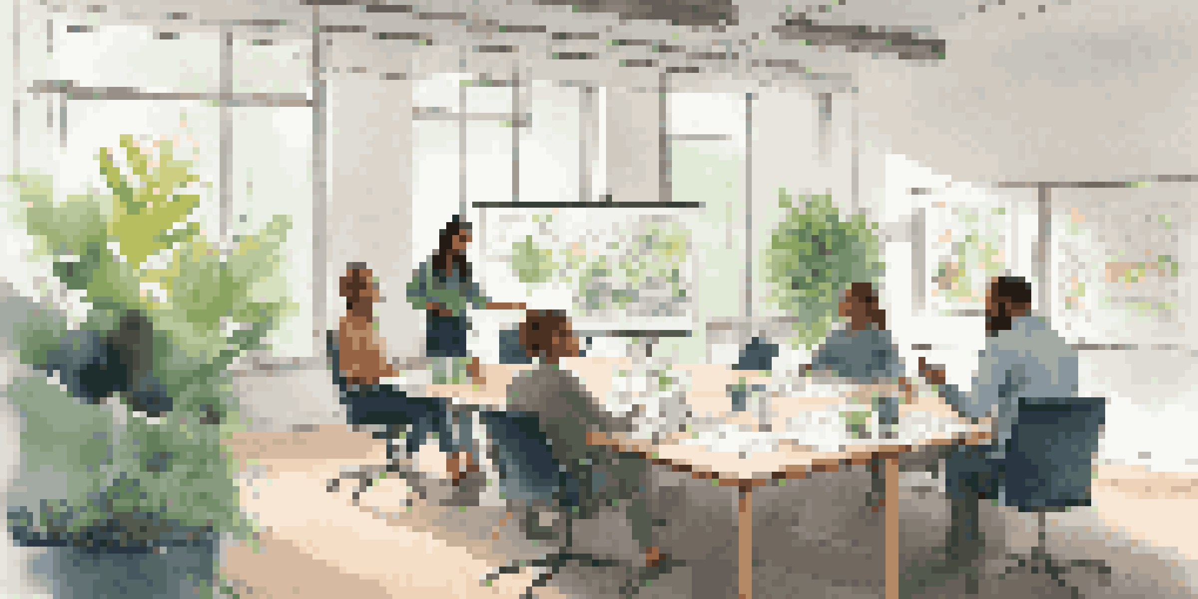 A diverse group of professionals in a bright office engaged in a team meeting, with a leader gesturing towards a whiteboard filled with colorful diagrams.