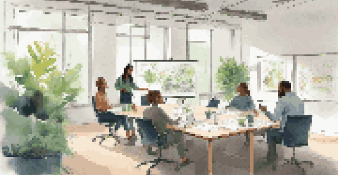 A diverse group of professionals in a bright office engaged in a team meeting, with a leader gesturing towards a whiteboard filled with colorful diagrams.