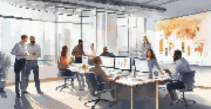 A diverse team collaborating in a bright office during a strategic planning session with charts and graphs in the background.