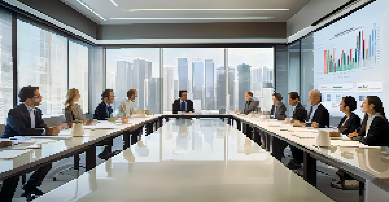 A diverse group of business professionals in a modern meeting room discussing a business plan displayed on a large screen.