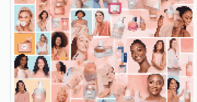 A colorful social media feed displaying user-generated content featuring diverse customers enjoying a beauty product.