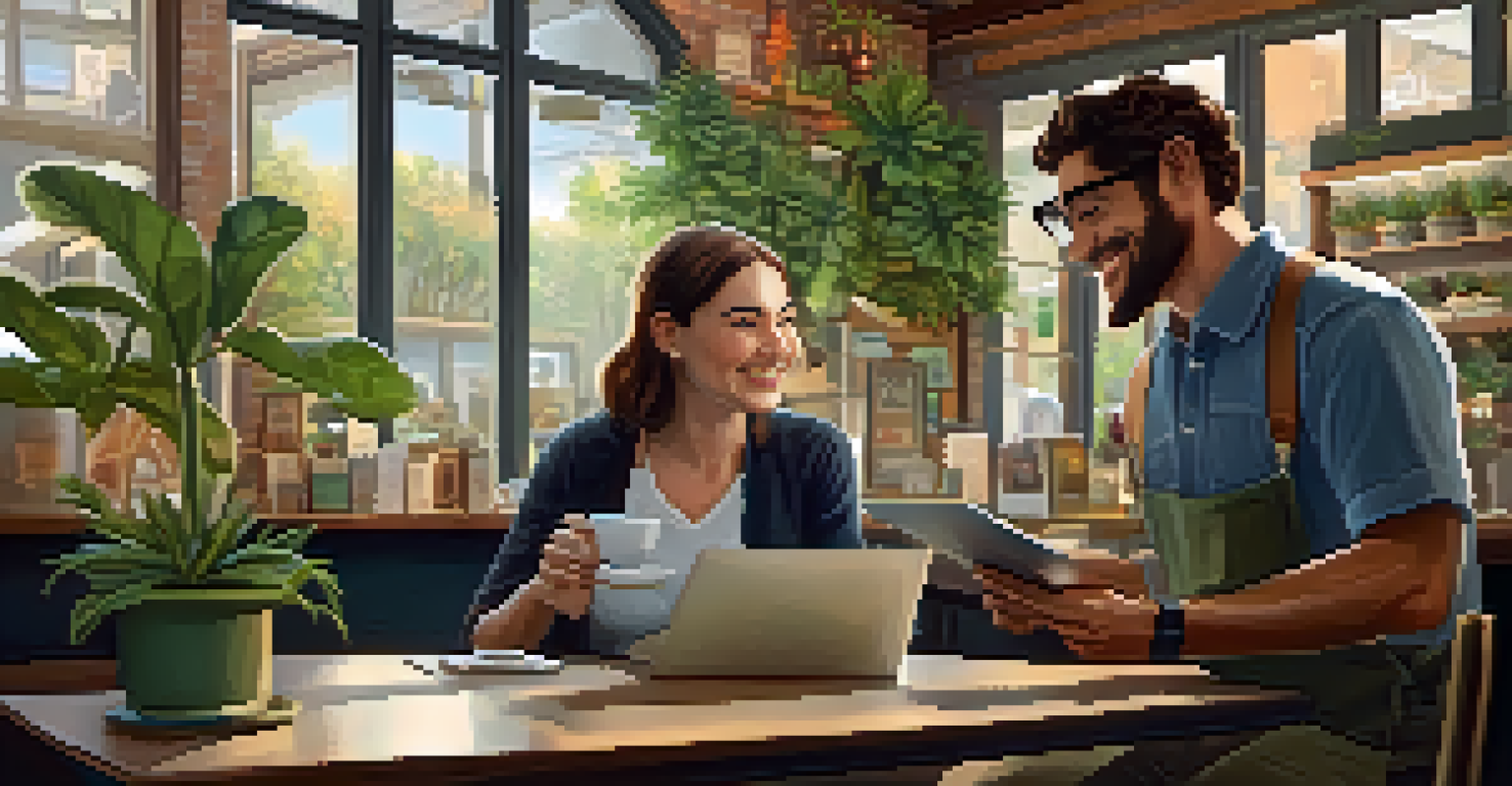 A small business owner discussing customer relationships with a customer in a cozy coffee shop, with a tablet showing feedback between them.