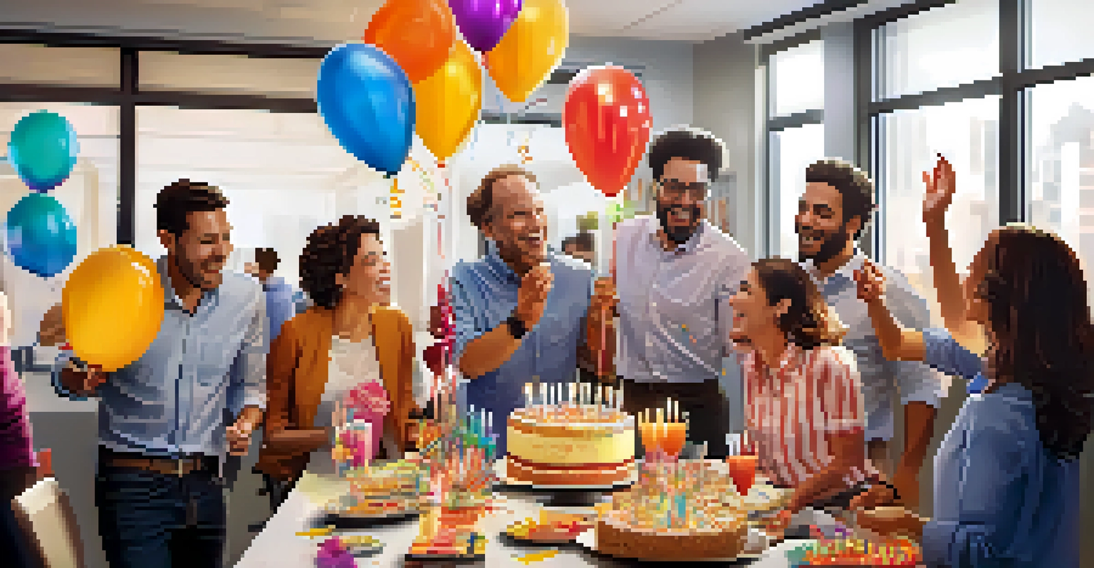 A team celebrating success in an office with balloons, cake, and smiling faces.