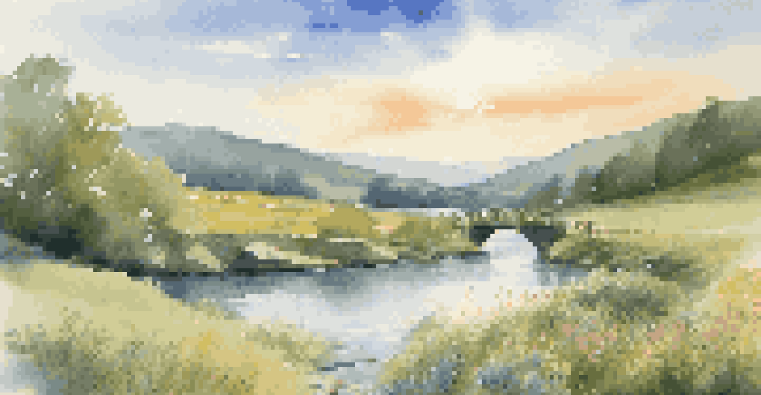 A peaceful landscape with a flowing river, green hills, wildflowers, and a small wooden bridge under a bright blue sky.