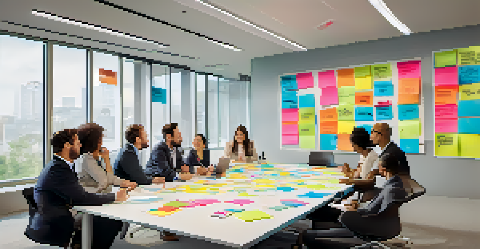 A diverse group of professionals in a bright conference room discussing a project with colorful post-it notes on the table.