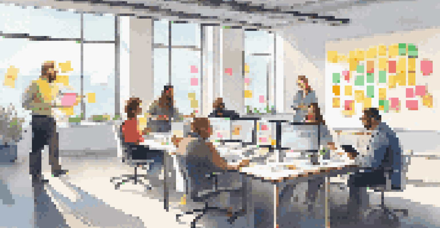A team in an open office space discussing supply chain strategies, surrounded by colorful post-it notes and digital devices, with lots of natural light.