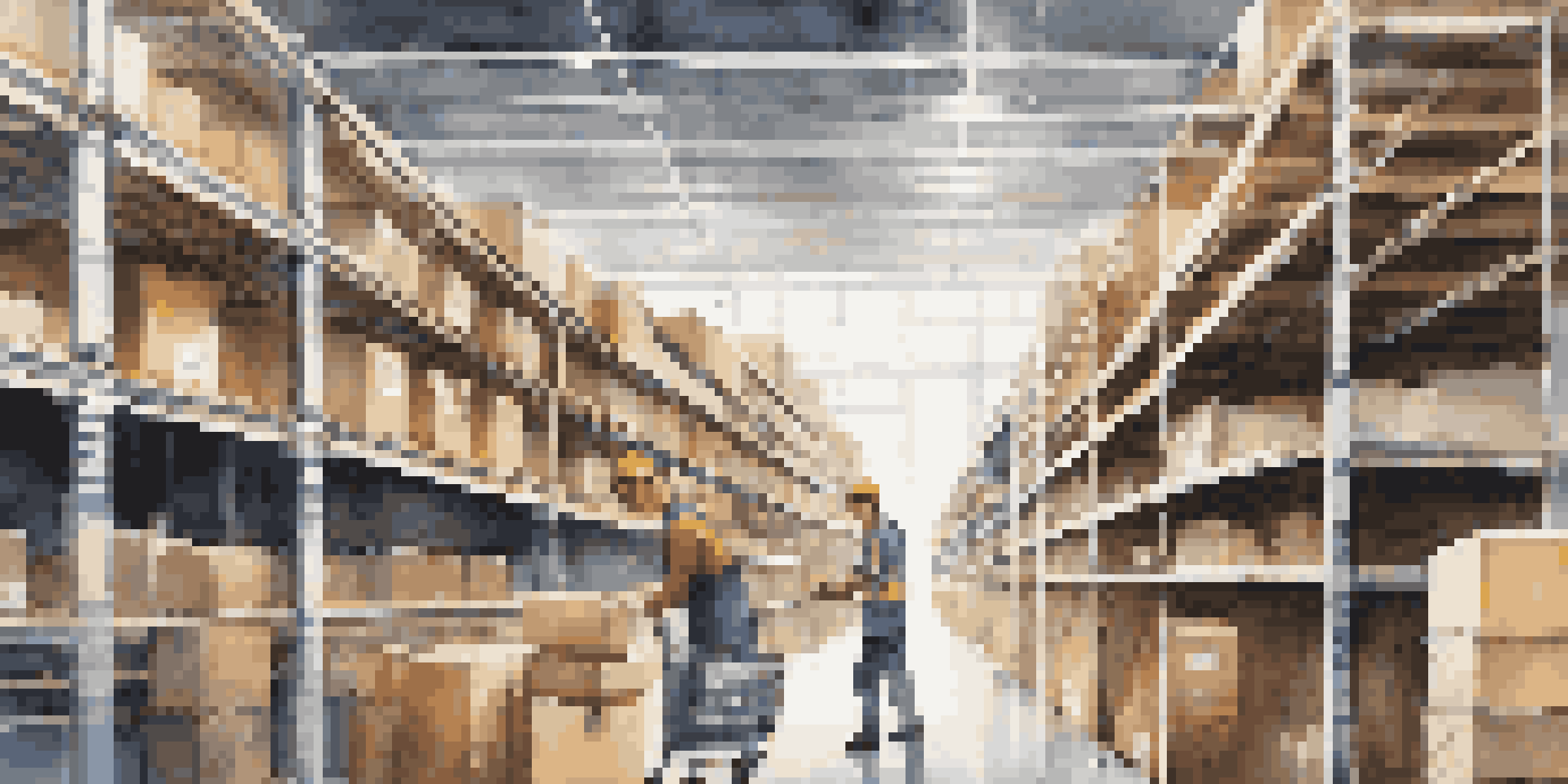 A busy e-commerce warehouse with workers packing boxes and shelves filled with products, illuminated by natural light.