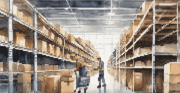 A busy e-commerce warehouse with workers packing boxes and shelves filled with products, illuminated by natural light.