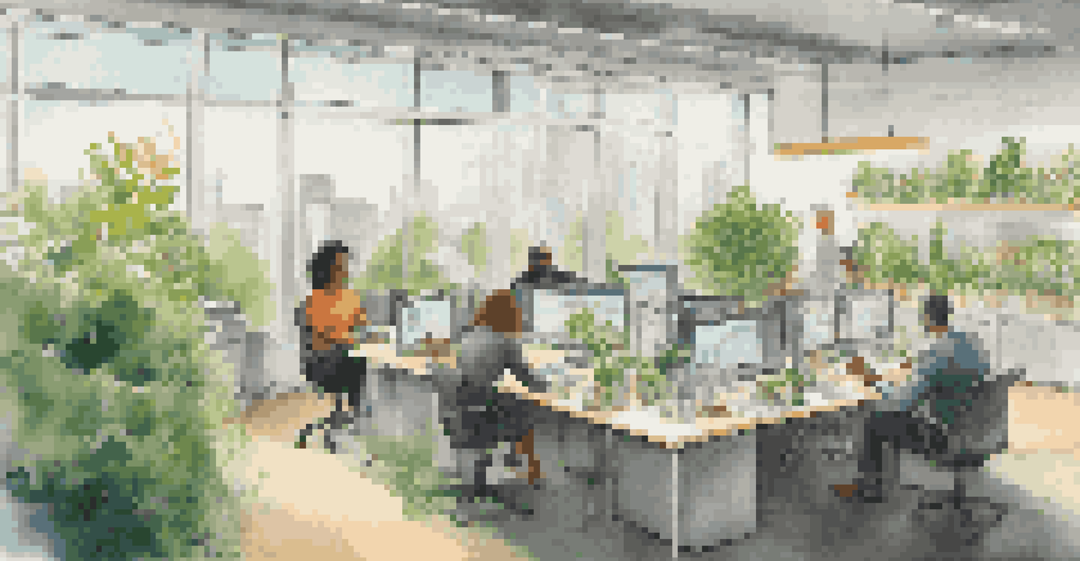An office environment with employees discussing ideas, surrounded by plants and recycling bins.