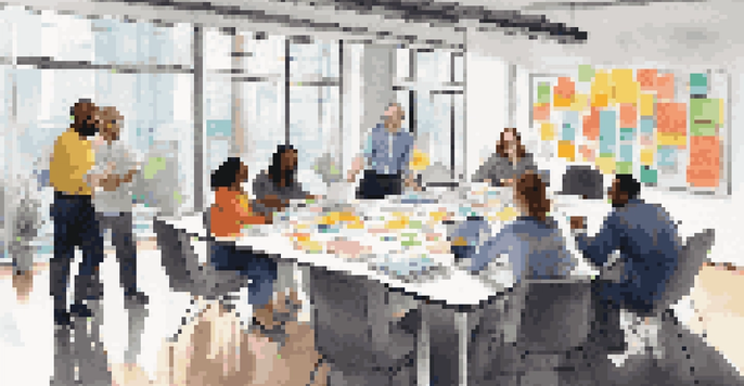 A diverse group of professionals collaborating at a table in a bright office, surrounded by laptops and sticky notes.